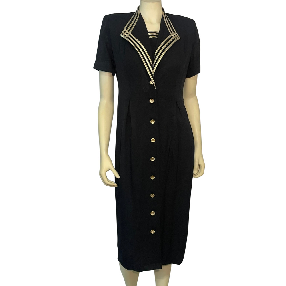 Vtg 80s Sz 8P Sailor Bib Sheath Dress Button Front Black with Gold Trim Nautical